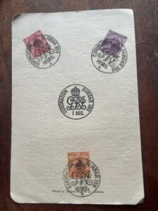 Delhi Durbar 1911, Central Post Office information page with examples of three stamps cancelled 18th December with the special stamp.